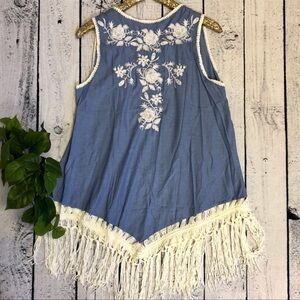 Blue Sleeveless Top with White Embroidery and Fringe
